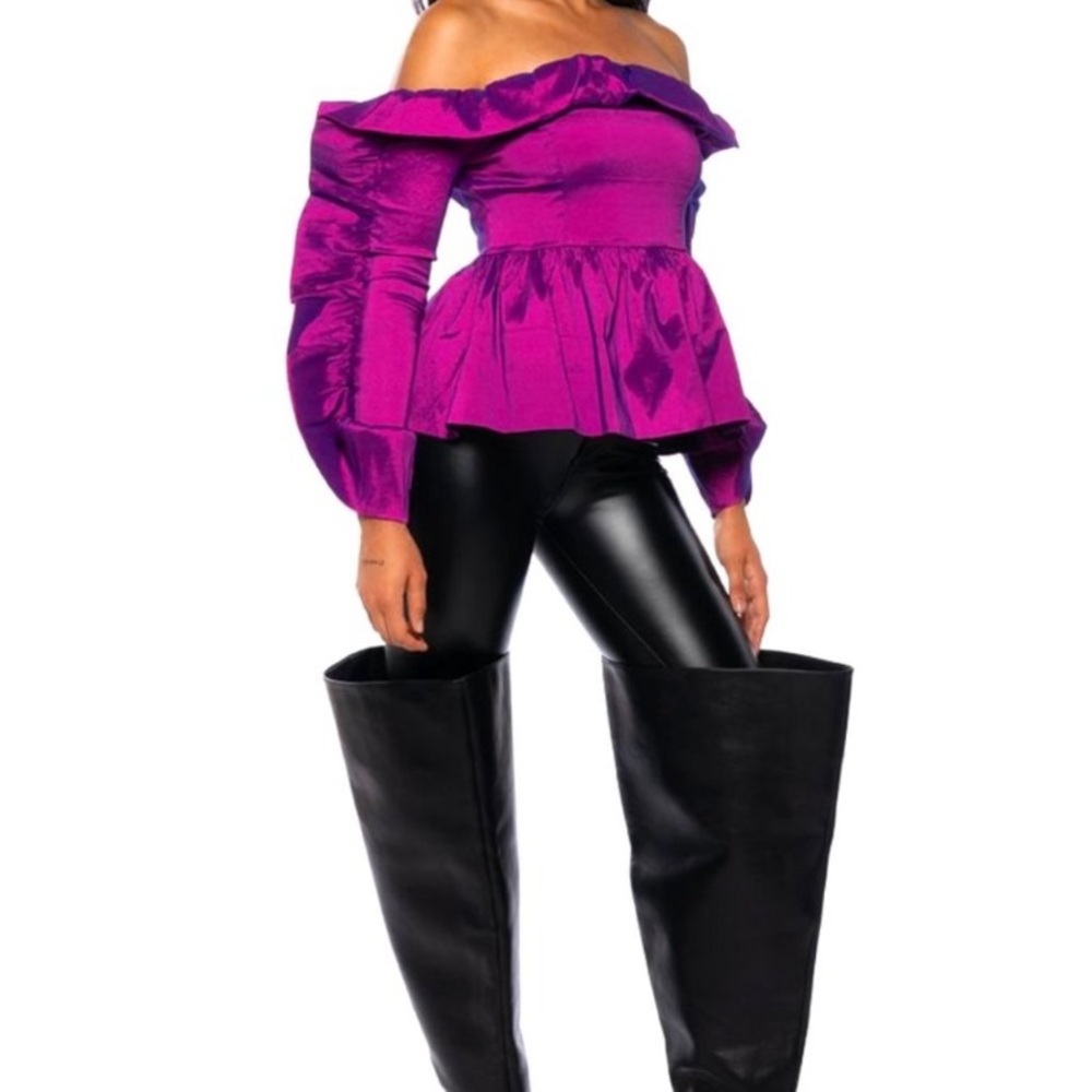 Callie Shimmer: Slightly Stretchy Taffeta Ruffle Off Shoulder Purple Blouse SM